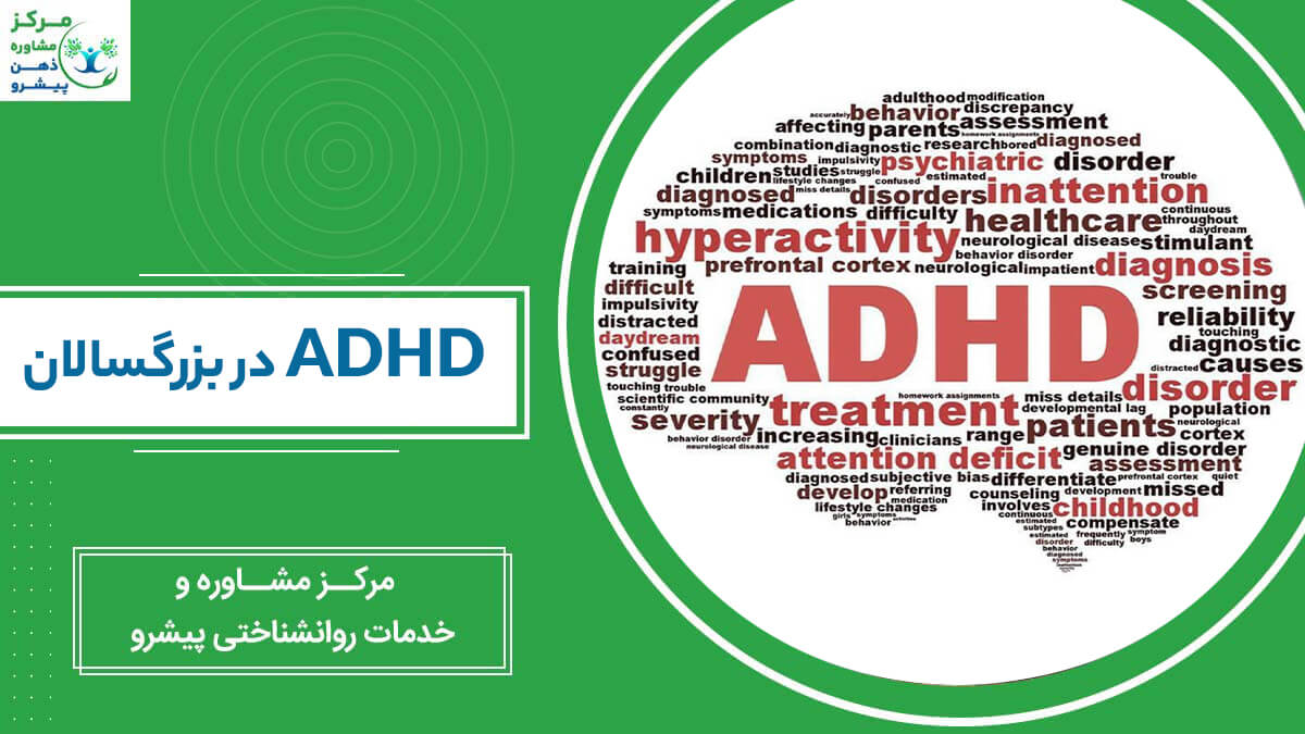 "اینفوگرافیک با ابر کلمات در مورد ADHD در بزرگسالان، شامل کلمات کلیدی مانند بیشفعالی، نقص توجه، تشخیص، درمان و مشکلات شغلی و تحصیلی